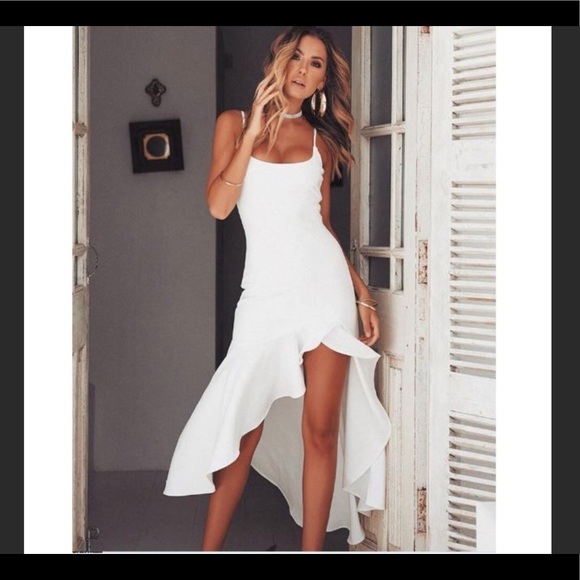 WHITE HI LOW SPAGHETTI STRAP RUFFLE DRESS - Picture 4 of 8